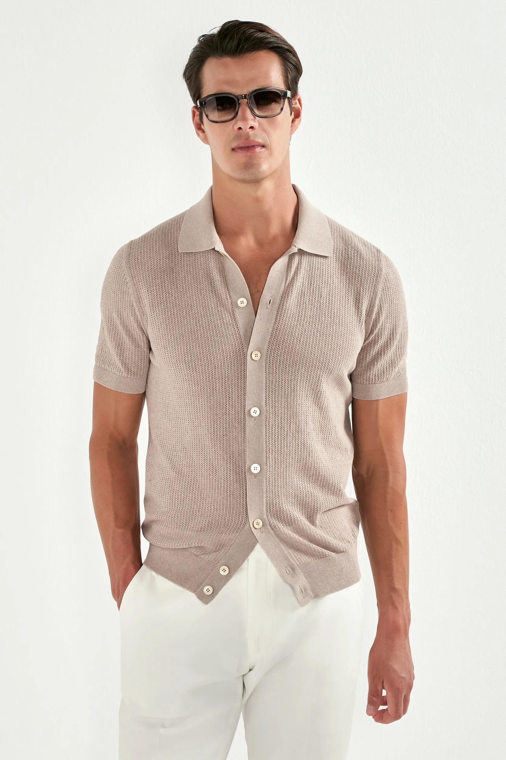 Taupe knitted polo cardigan